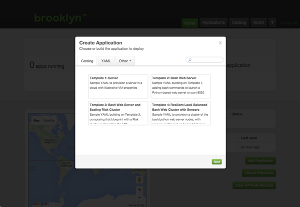 Brooklyn web console, showing the YAML tab of the Add Application dialog.