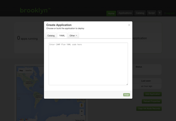 Brooklyn web console, showing the YAML tab of the Add Application dialog.