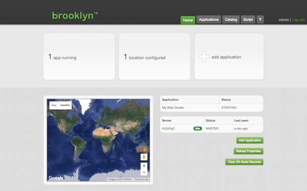Brooklyn web console, showing the application starting.