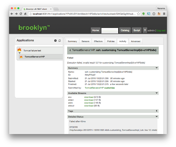 Task failure error in the Brooklyn debug console.