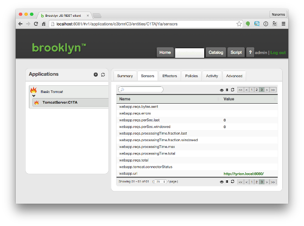 All sensors view in the Brooklyn debug console.
