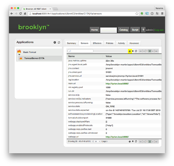 Sensors view in the Brooklyn debug console.